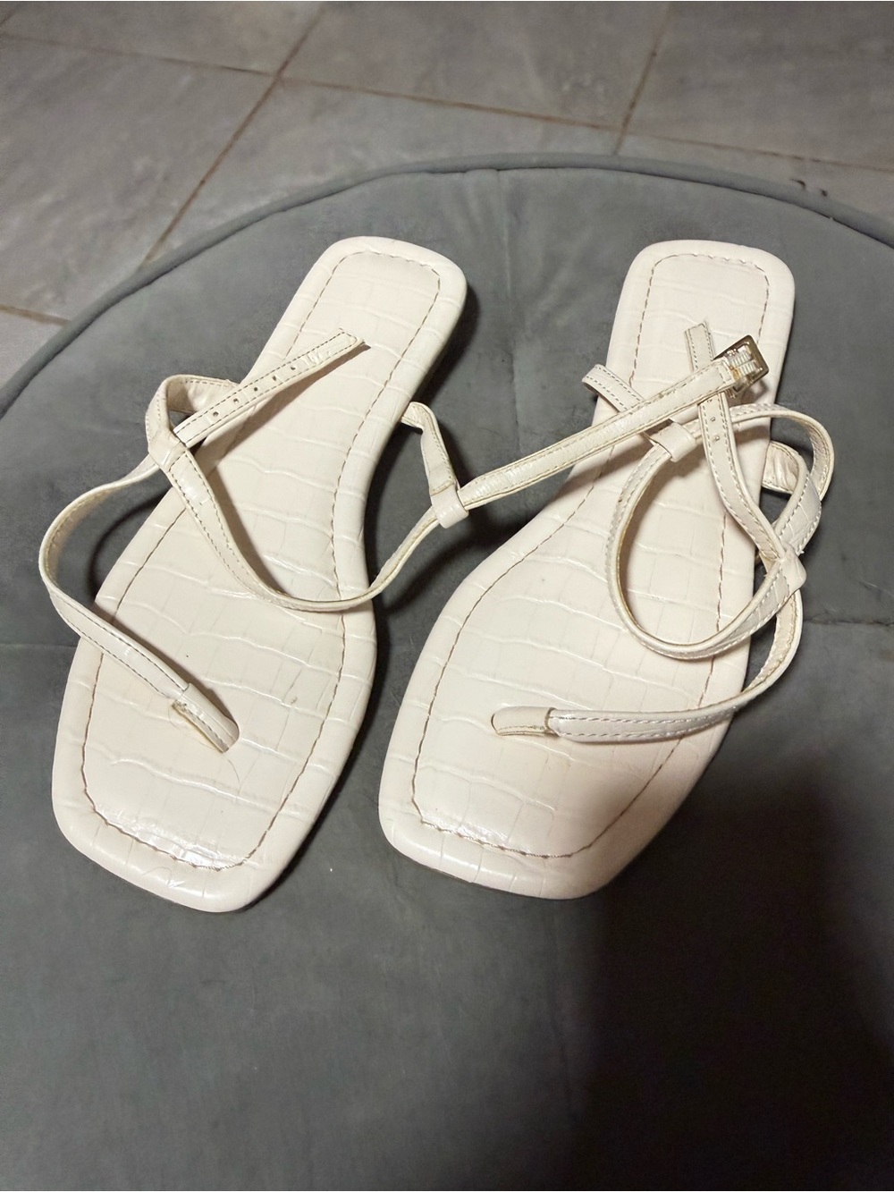 Unisa Cream Croc-Embossed Strappy Square-Toe Sandals